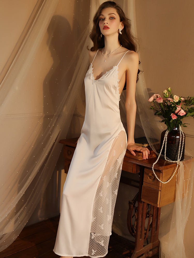 White 3d lace deep v nightgown dress