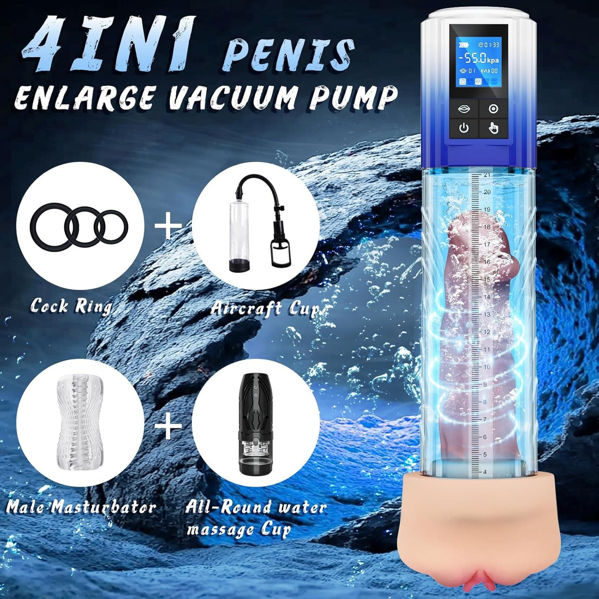 Clear LCD penis pump kit with silicone rings and masturbator insert, photo 2