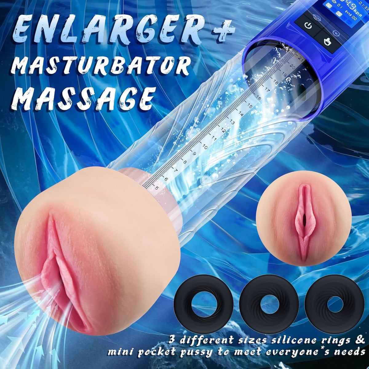 Clear LCD penis pump kit with silicone rings and masturbator insert, photo 4