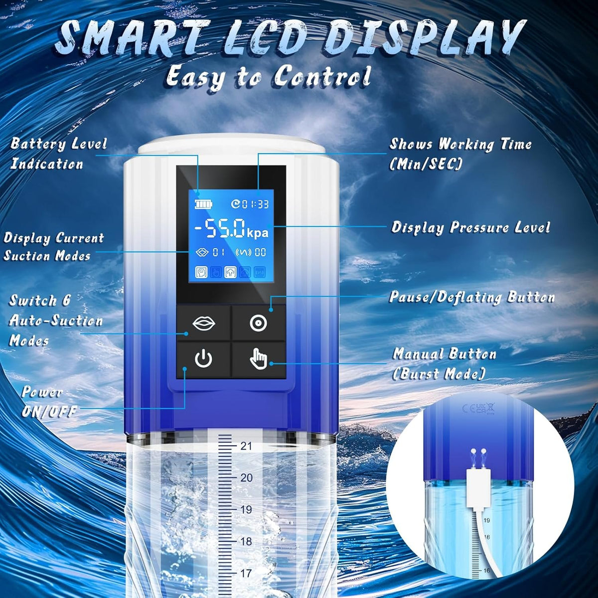 Clear LCD penis pump kit with silicone rings and masturbator insert, photo 5
