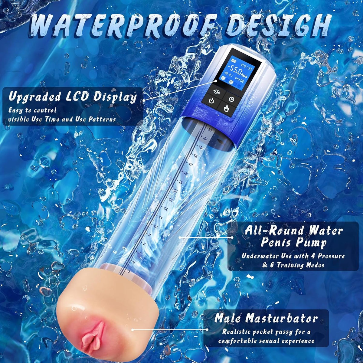 Clear LCD penis pump kit with silicone rings and masturbator insert, photo 6