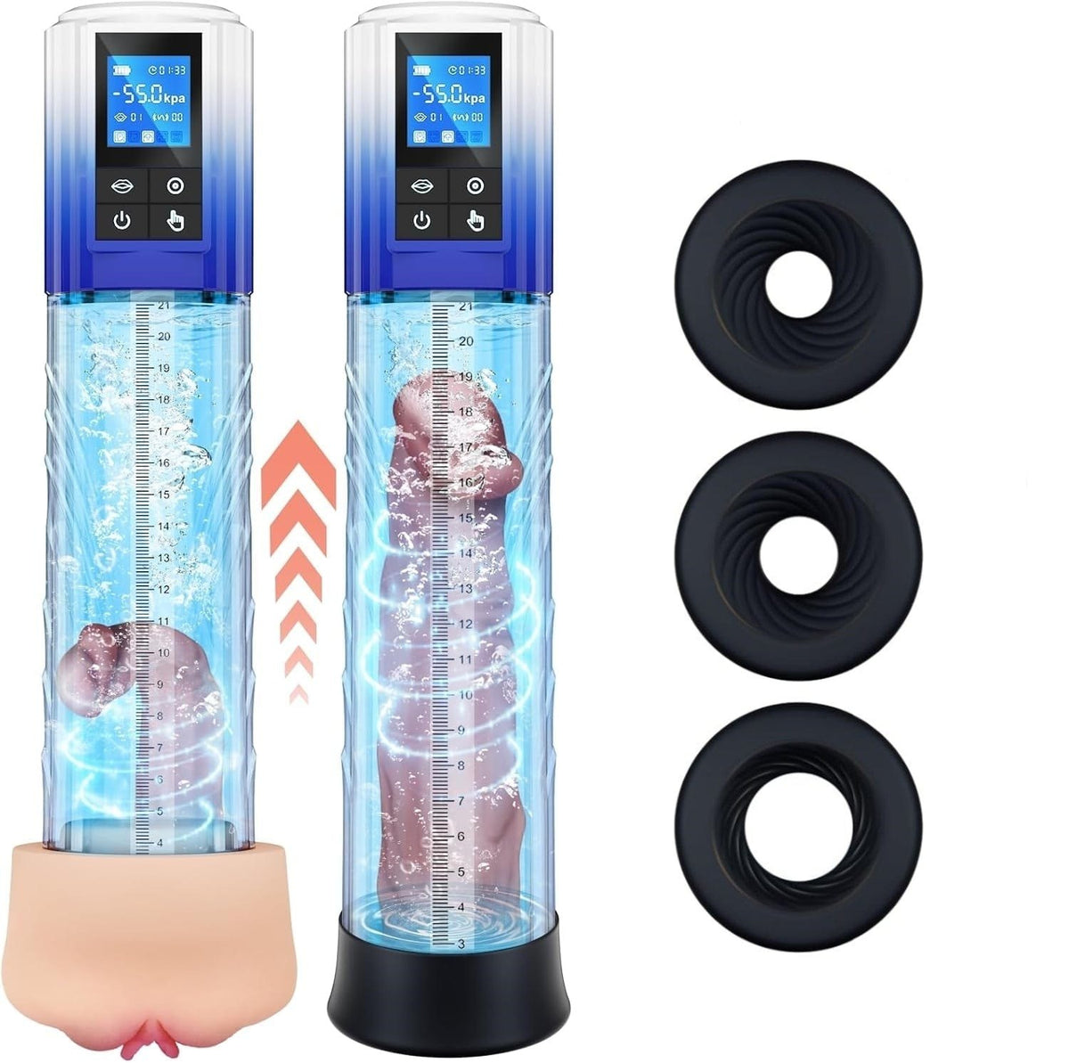 Clear LCD penis pump kit with silicone rings and masturbator insert, photo 7