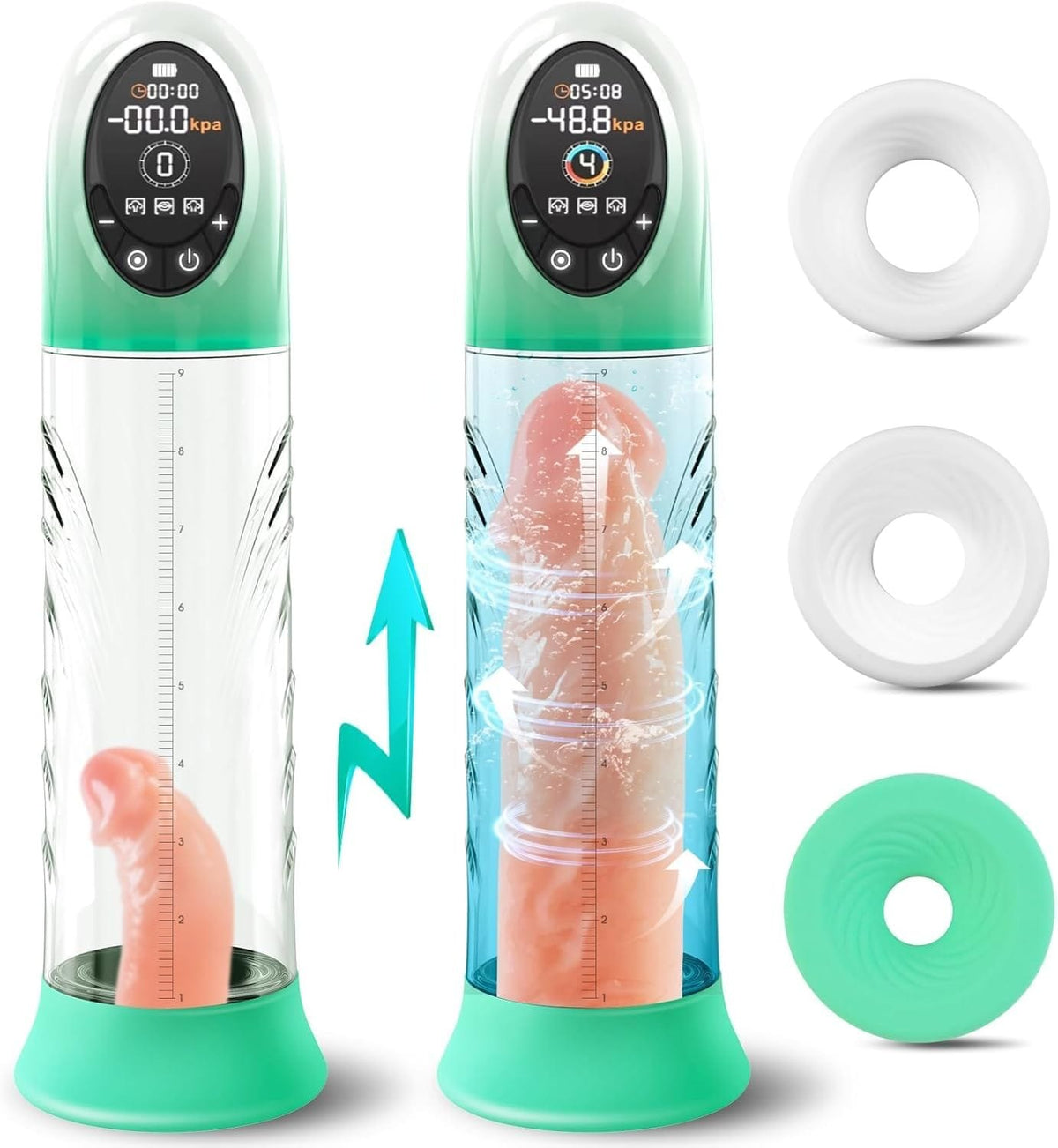 Green vacuum penis pump with water bath cup, photo 1