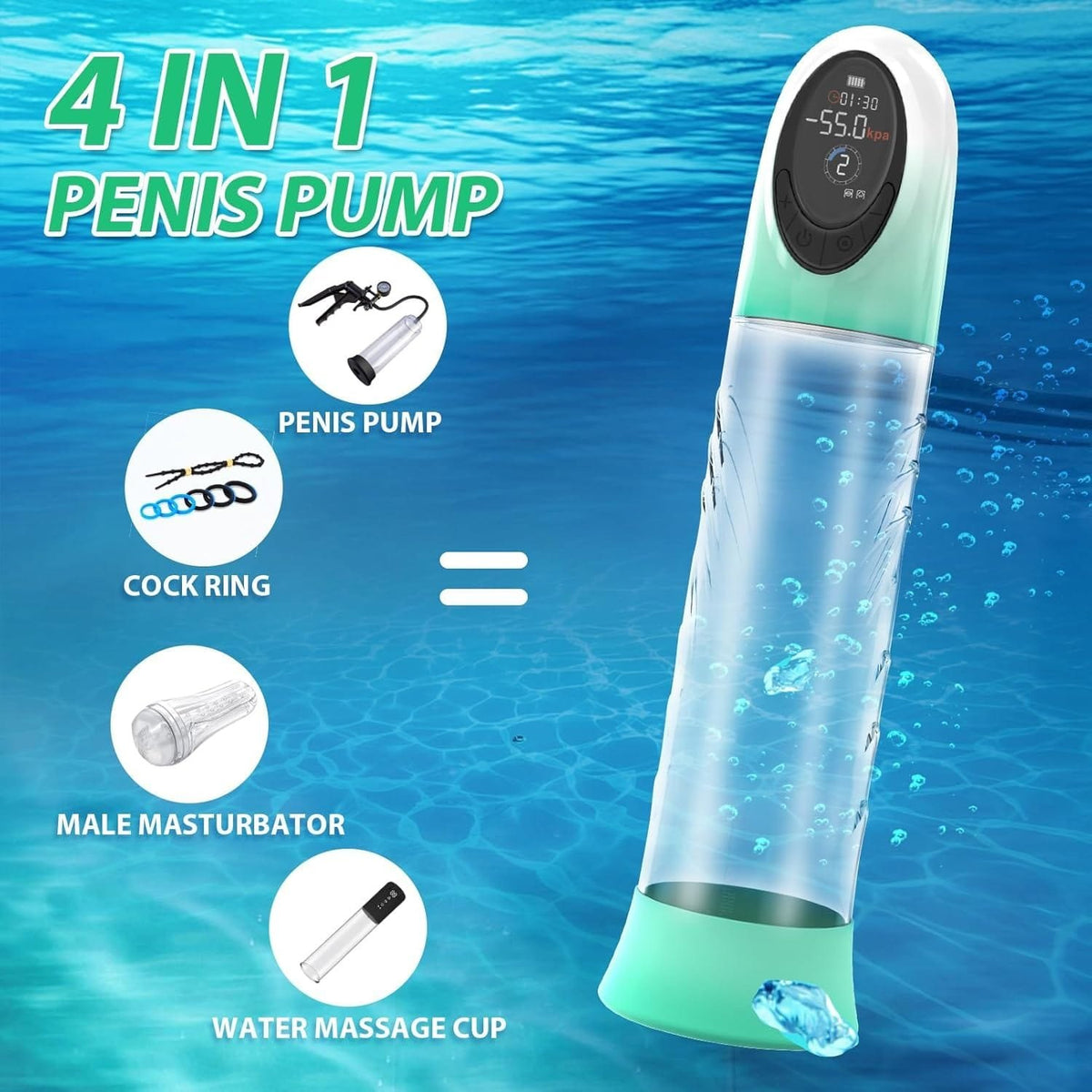 Green vacuum penis pump with water bath cup, photo 3