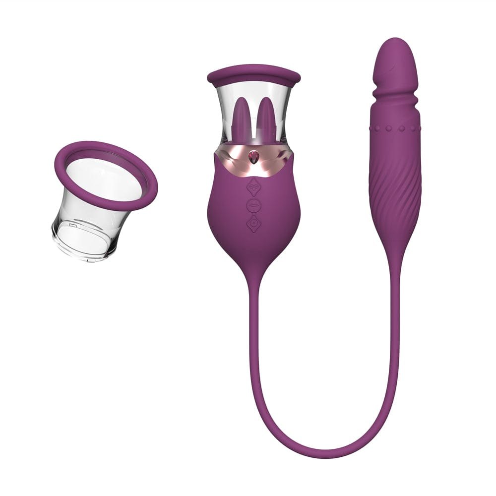Purple 4-in-1 rose licking suction and thrusting vibrator