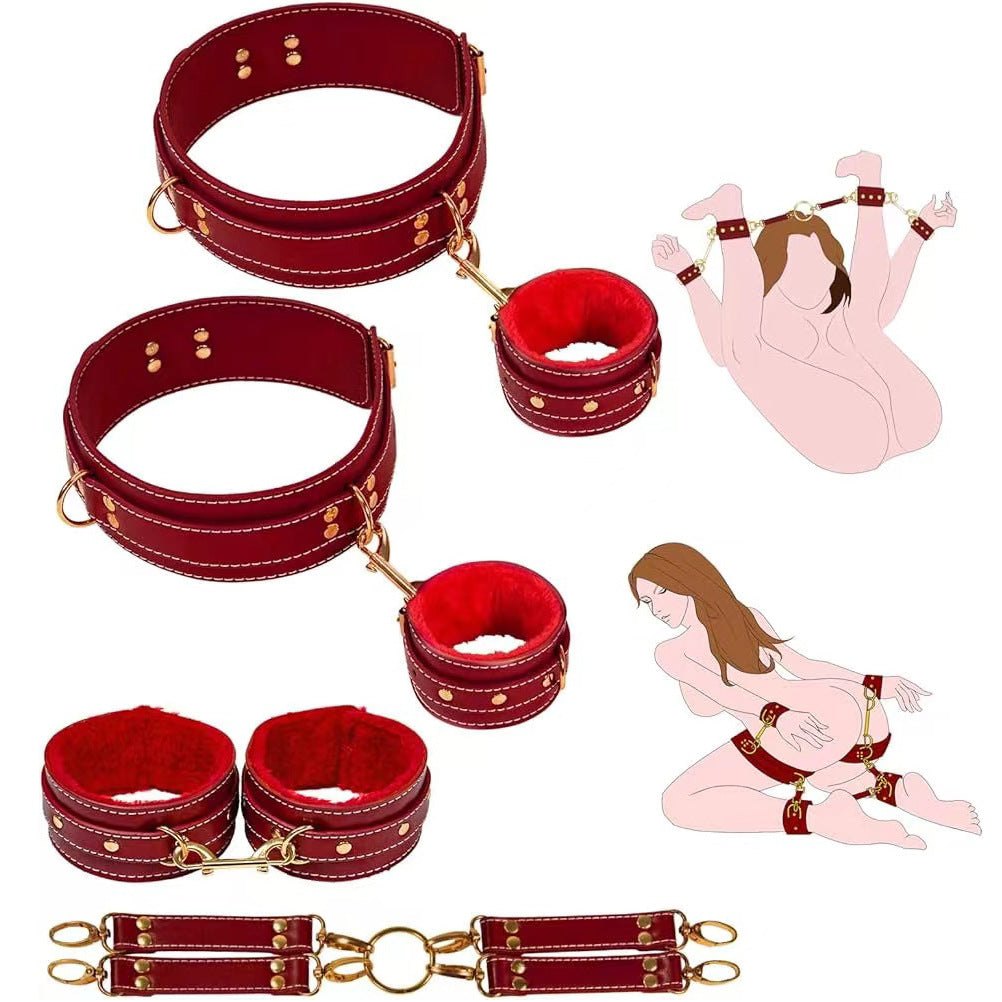 Red PU leather and metal bondage restraint kit with cross strap, photo 1