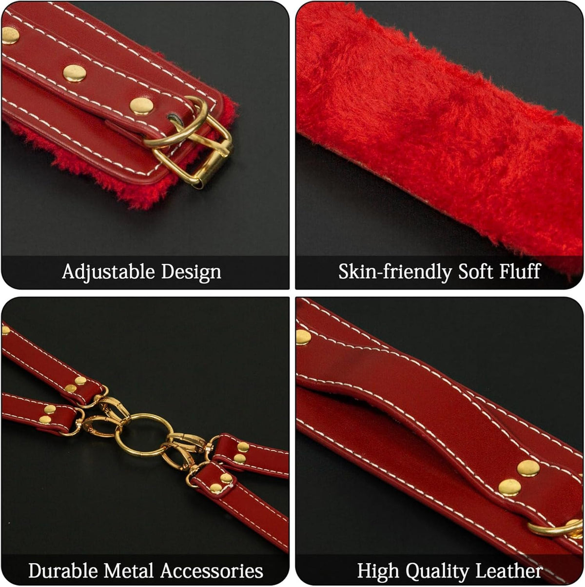 Red PU leather and metal bondage restraint kit with cross strap, photo 5