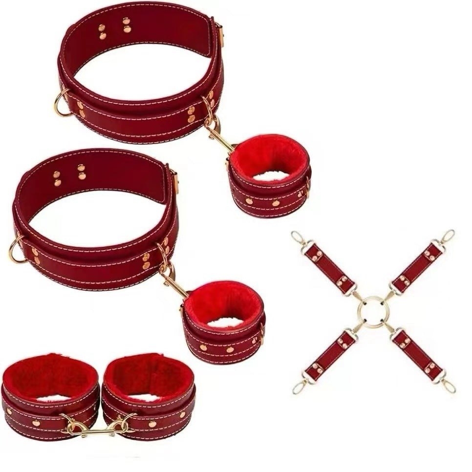 Red PU leather and metal bondage restraint kit with cross strap, photo 7