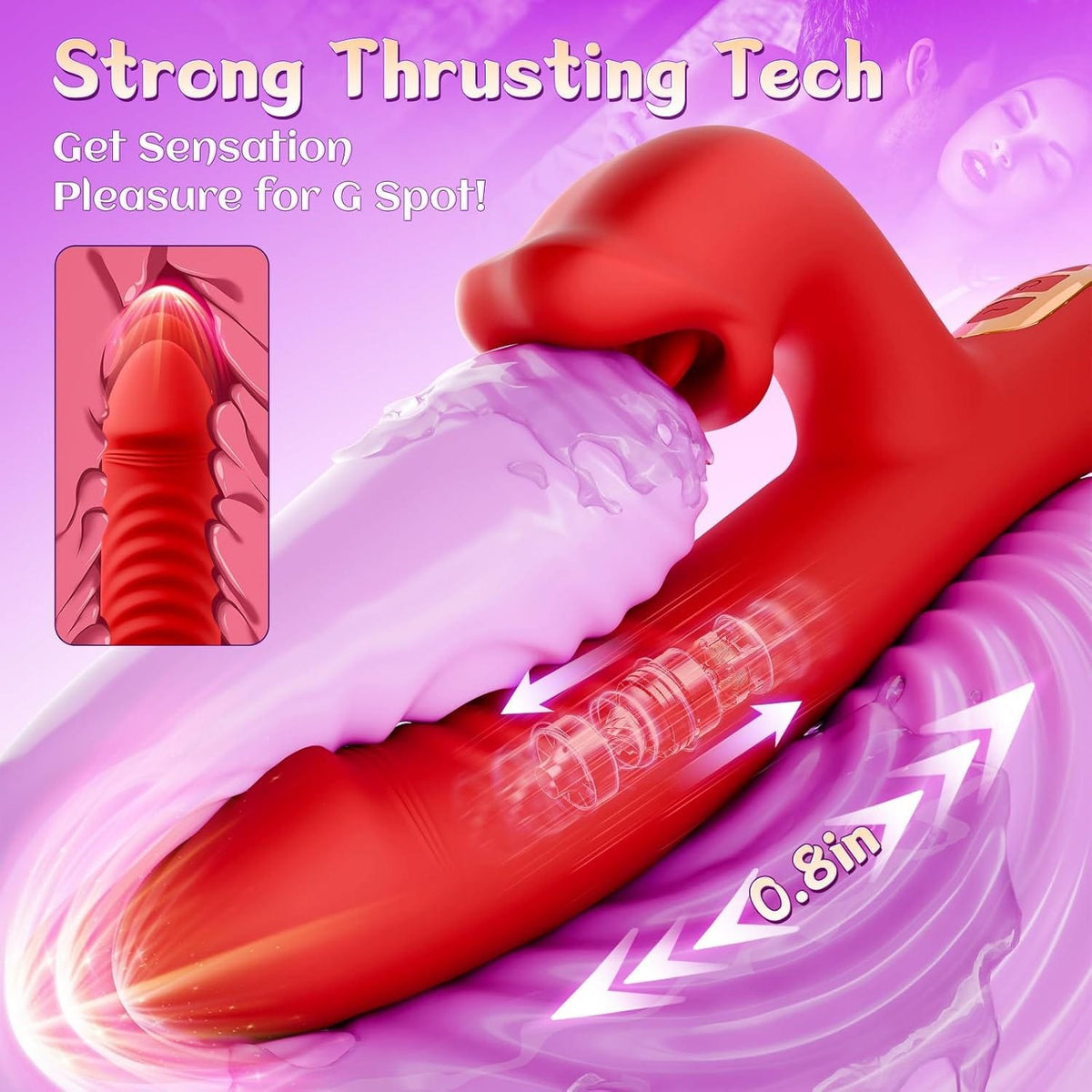 Red thrusting rabbit vibrator with clitoral licking mouth, photo 4