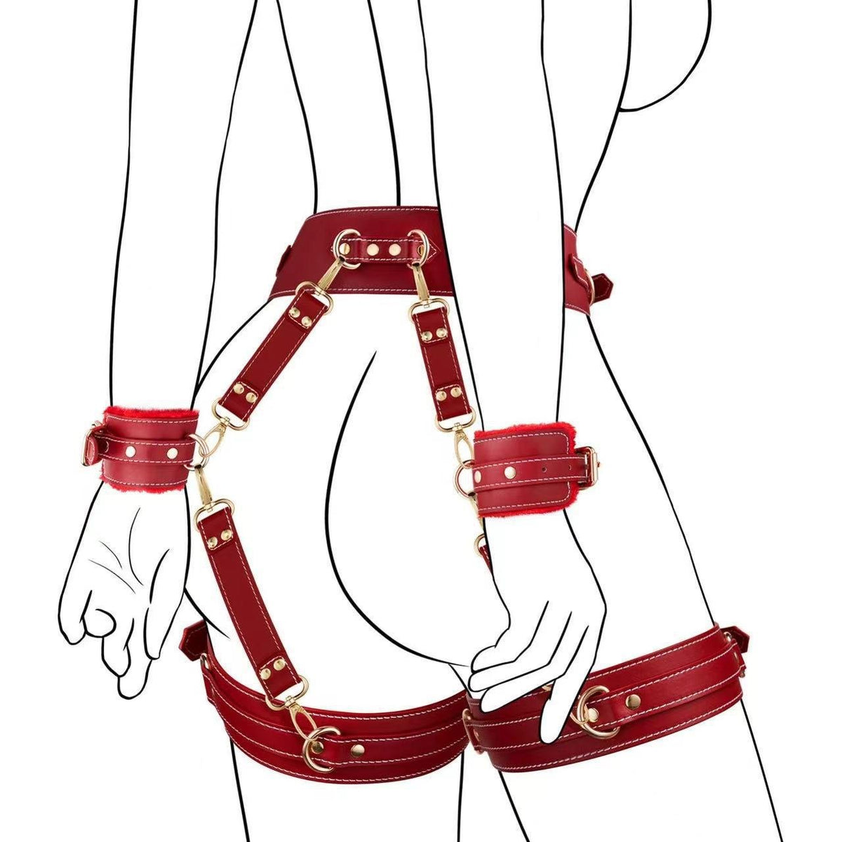 Leather bondage restraint kit with waist belt and cuffs, photo 1