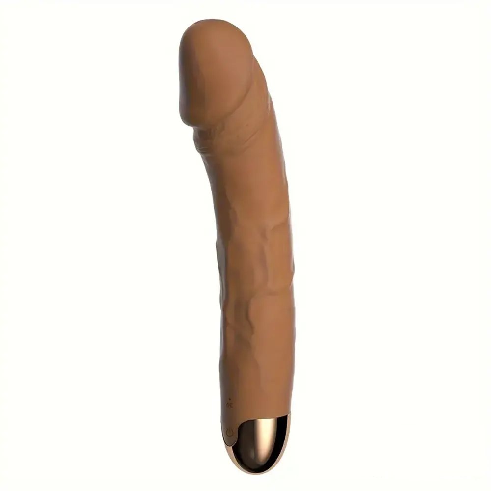 Brown Curved silicone realistic dildo with veiny texture and gold-tone base