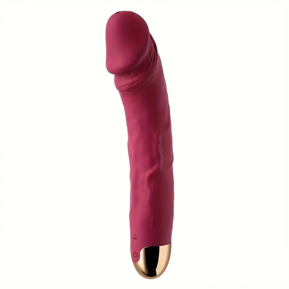 Rose Red Curved silicone realistic dildo with veiny texture and gold-tone base