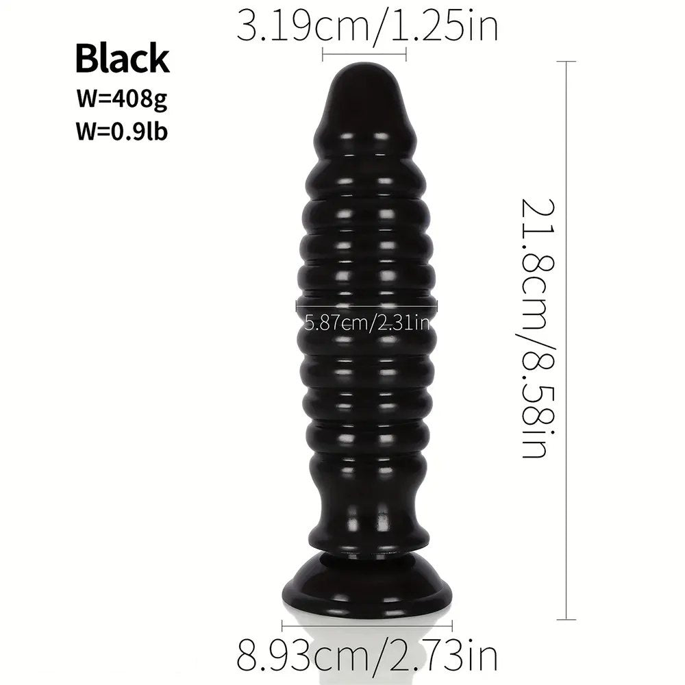 Black ribbed PVC anal plug with suction cup base