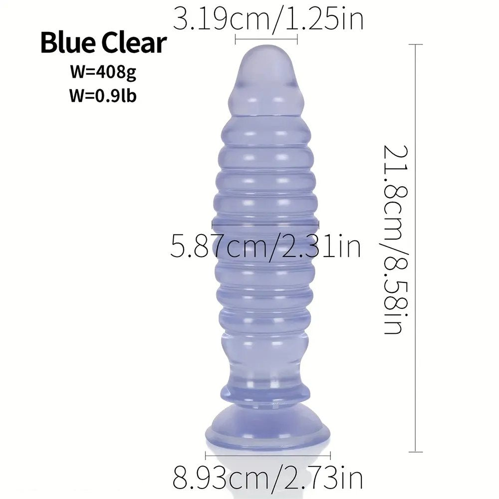 Blue ribbed PVC anal plug with suction cup base