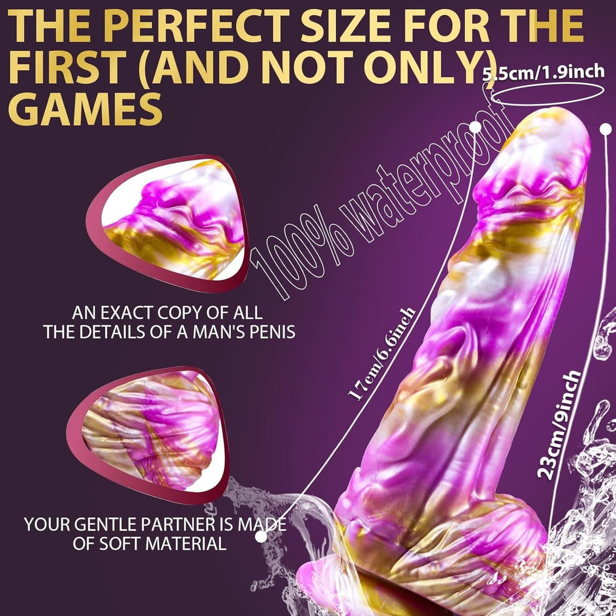 Pink and gold marbled fantasy dildo, photo 6