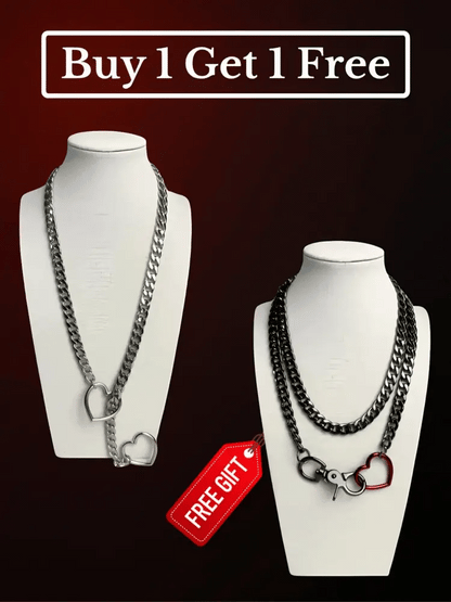 Two necklaces on mannequins with a 'Buy 1 Get 1 Free' offer and a 'FREE GIFT' tag.