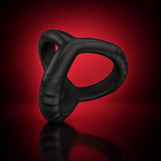 Black silicone Triple Lock Stamina Ring with ribbed texture