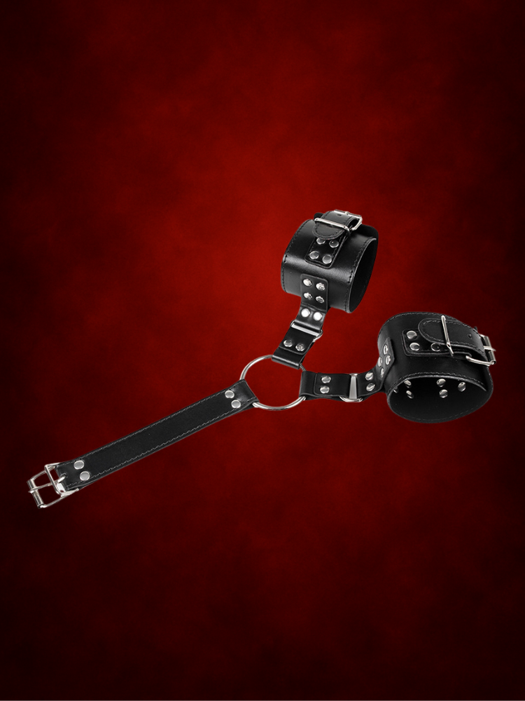 Leather Axis Kit bondage handcuffs and collar for couples side angle – WildNightX