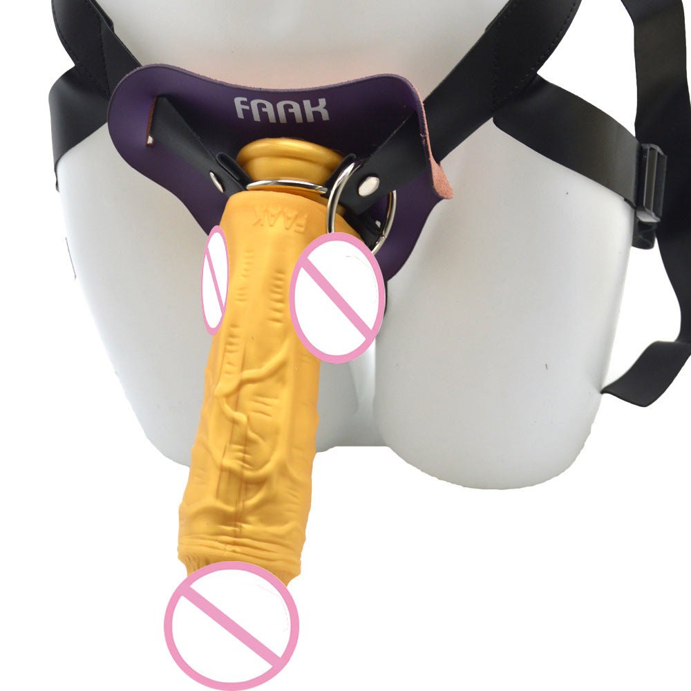 Gold wearable silicone strap-on dildo harness