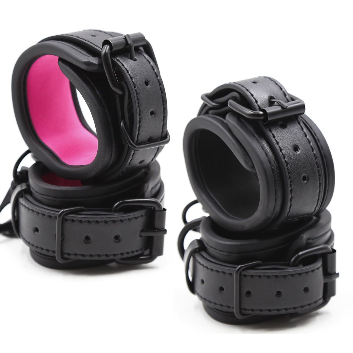 Padded PU leather wrist cuffs with metal D-ring, photo 1