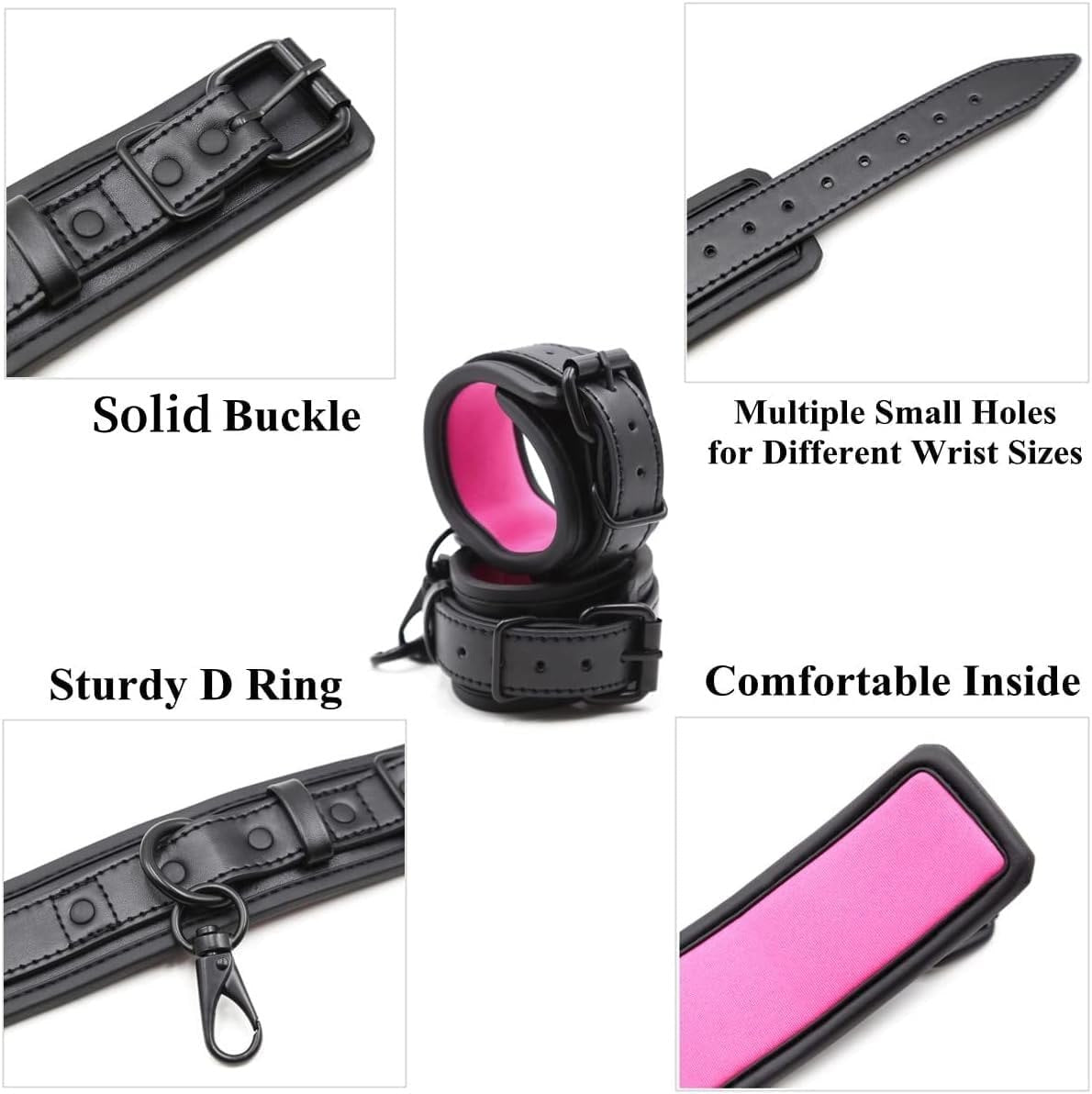 Padded PU leather wrist cuffs with metal D-ring, photo 2
