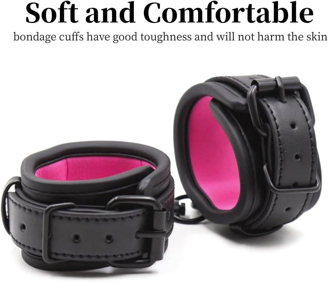 Padded PU leather wrist cuffs with metal D-ring, photo 4