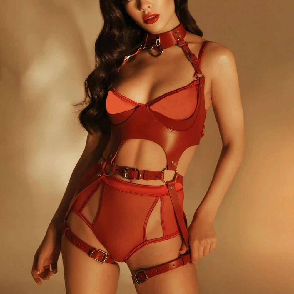 Red adjustable strap body harness set