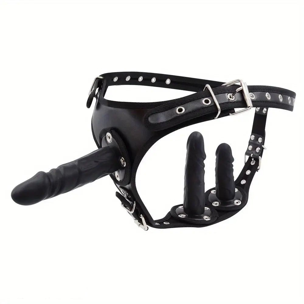 Black PVC strap-on harness with dildos, photo 1