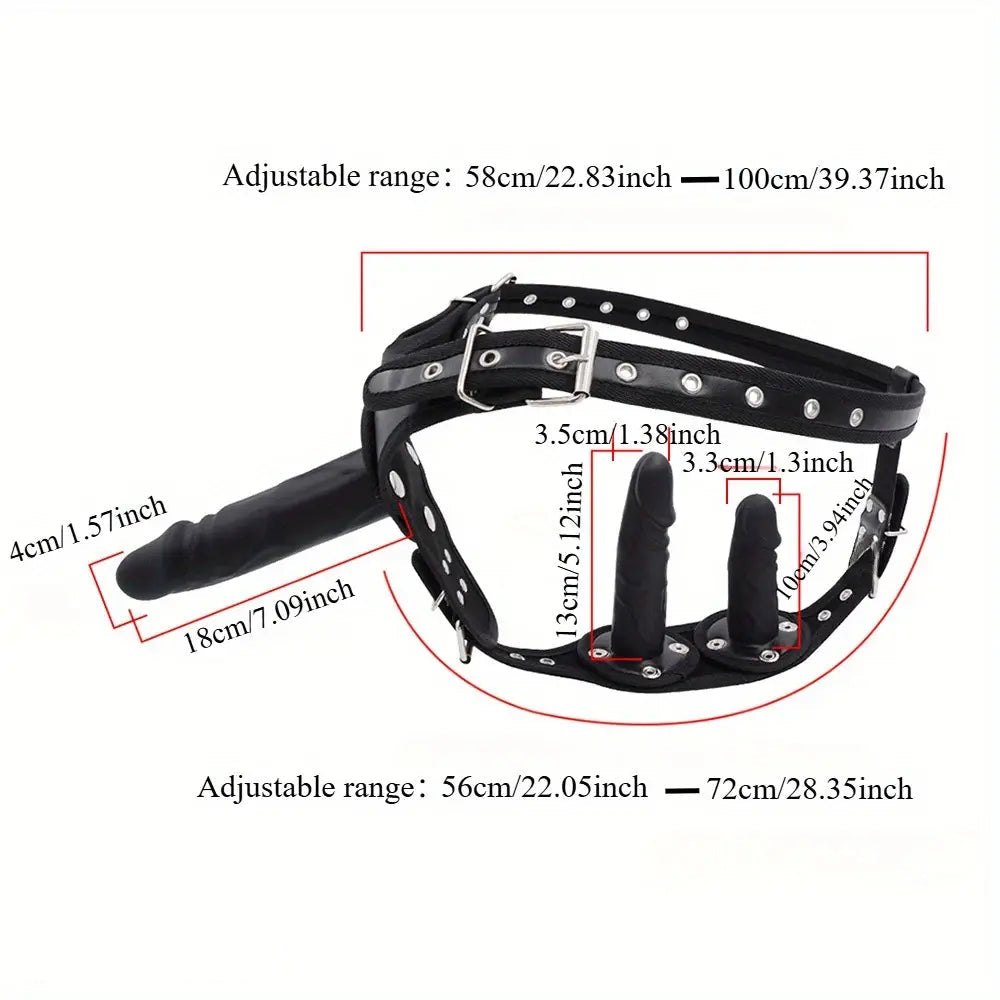 Black PVC strap-on harness with dildos, photo 11