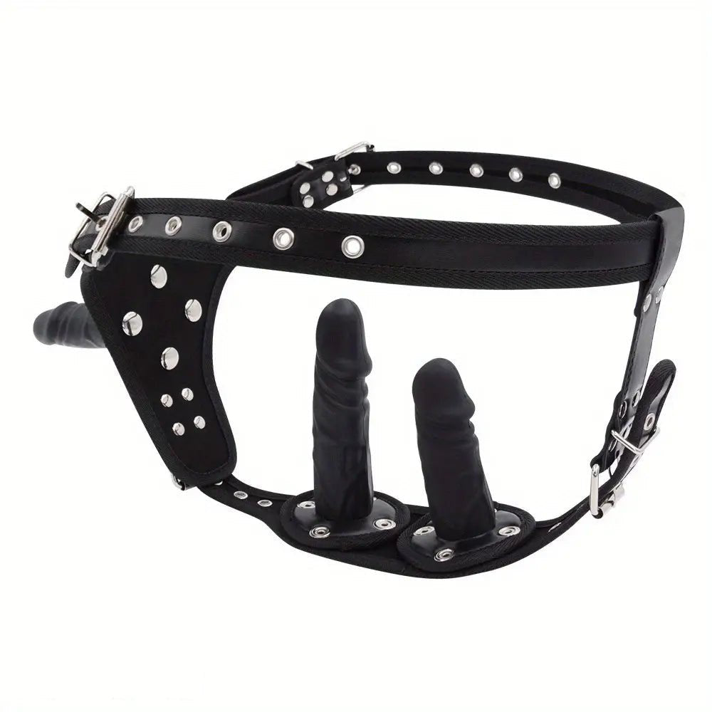 Black PVC strap-on harness with dildos, photo 4