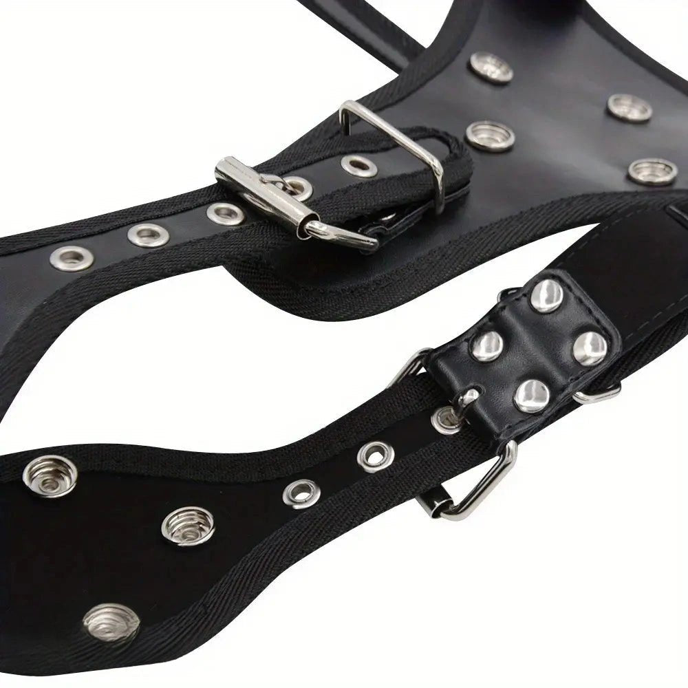 Black PVC strap-on harness with dildos, photo 8