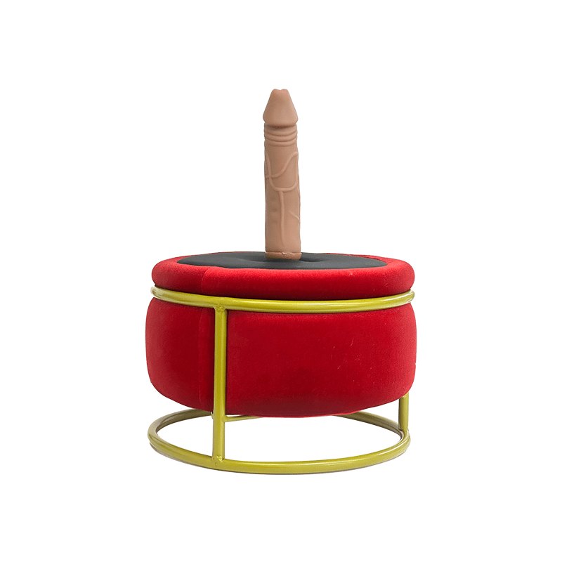 Red adjustable thrusting sex machine chair with dildo attachment