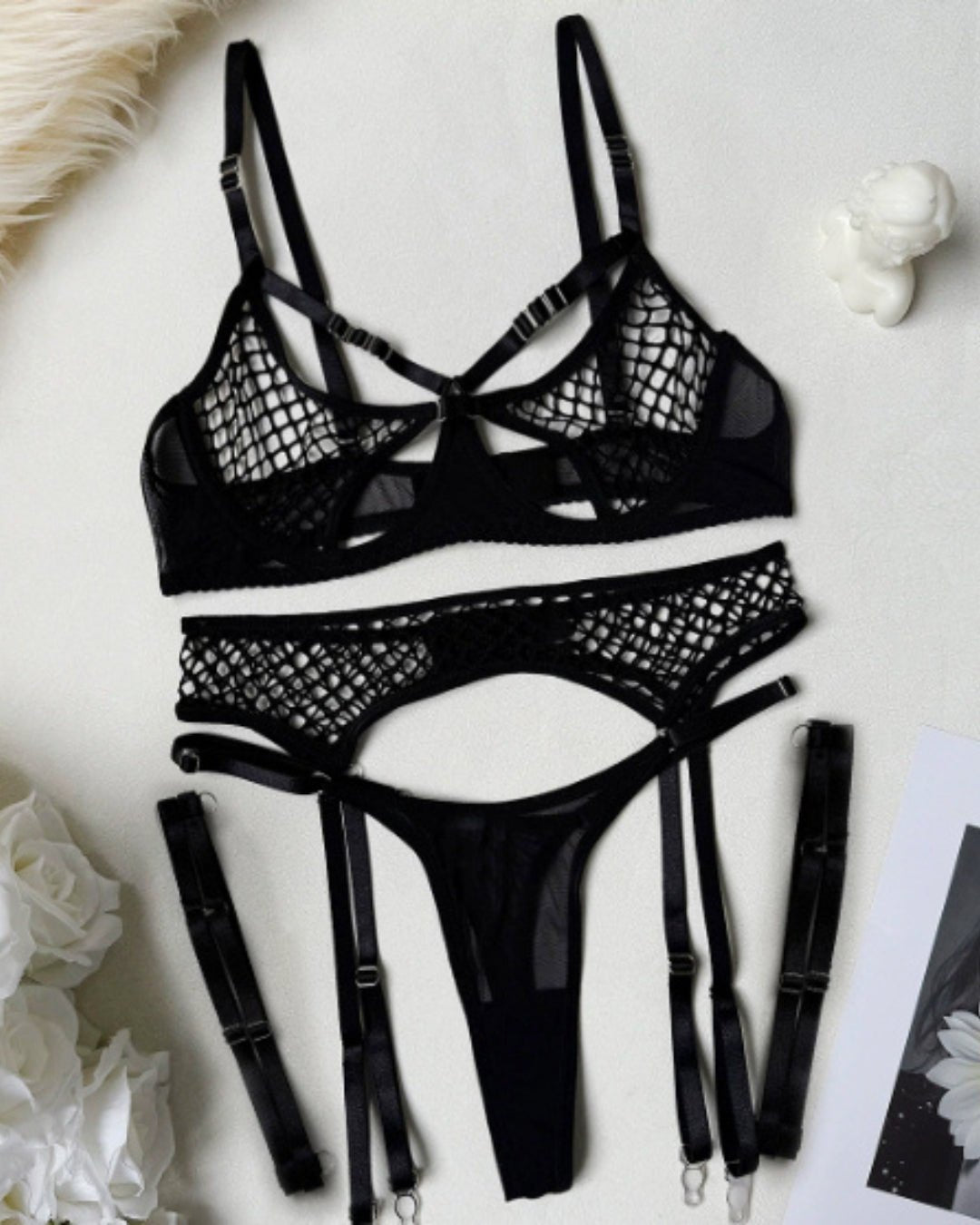 Black wide-net mesh garter lingerie set, photo 7