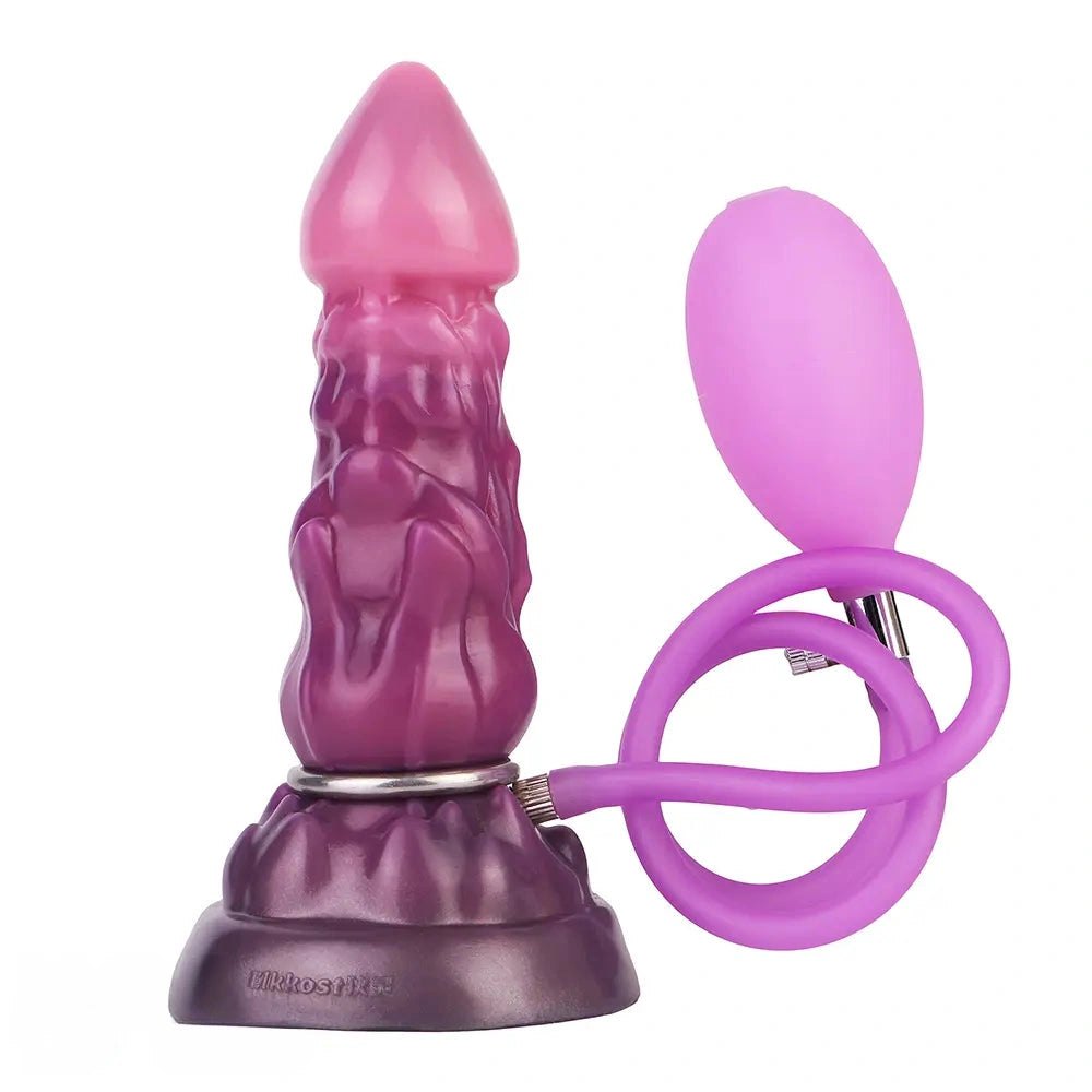 Pink Textured silicone fantasy dildo with inflation bulb