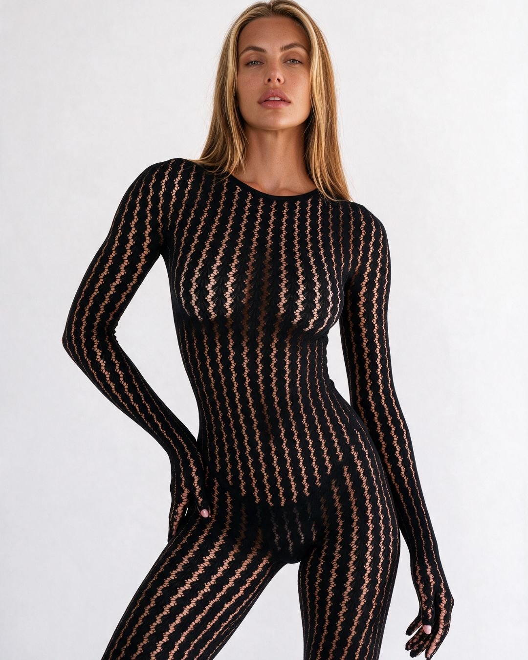 Black sheer knit curve-hugging harness bodysuit, photo 4