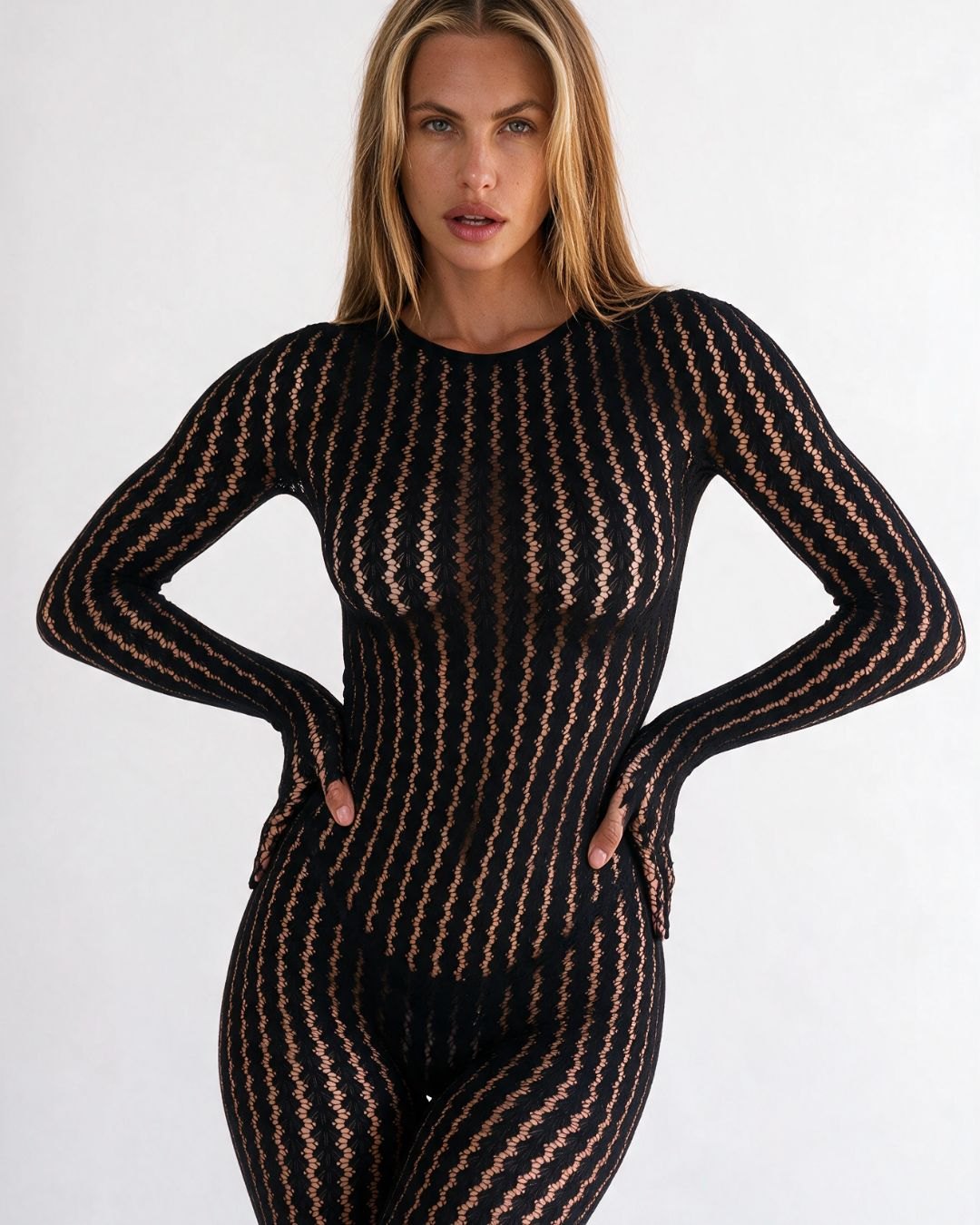 Black sheer knit curve-hugging harness bodysuit, photo 5