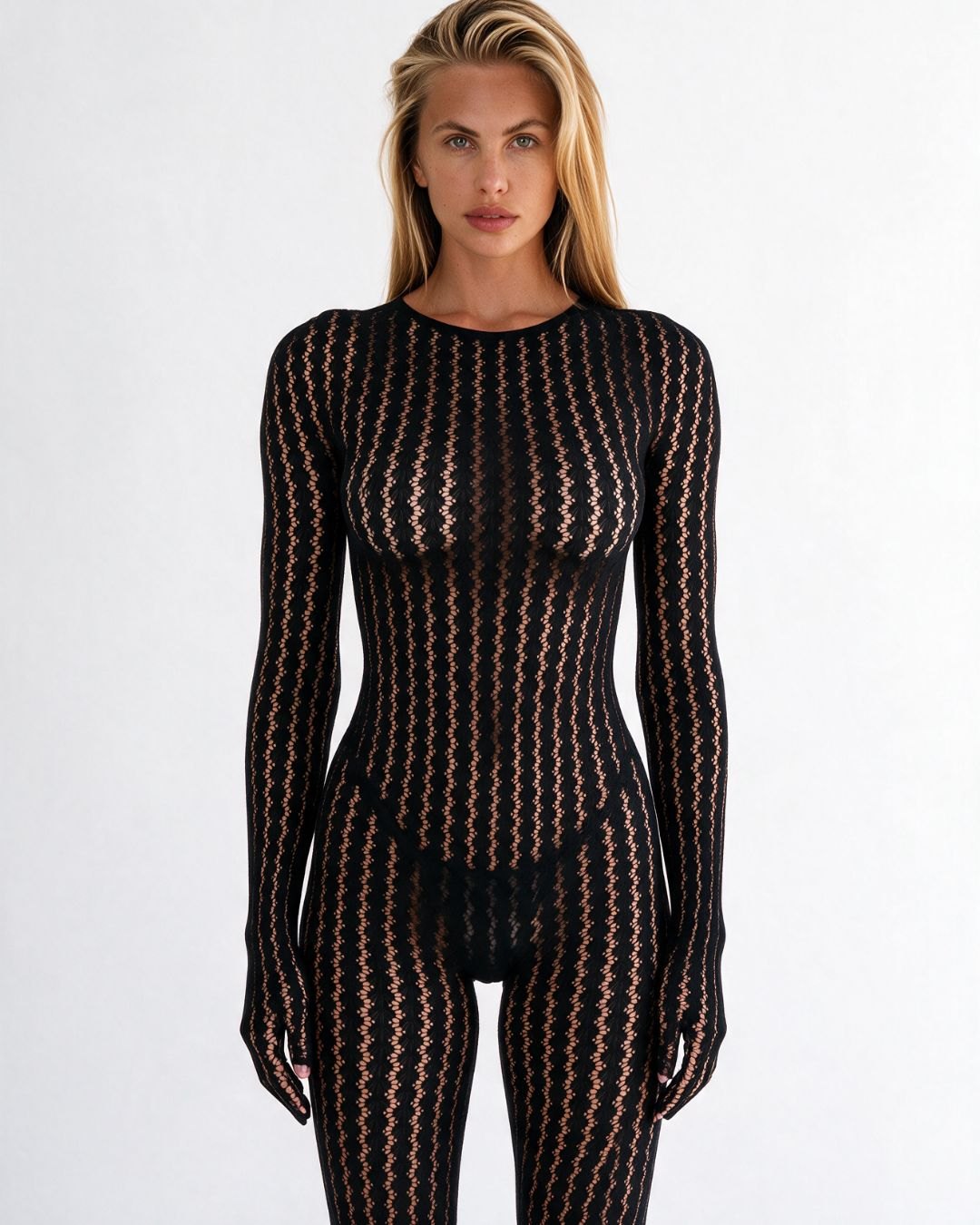 Black sheer knit curve-hugging harness bodysuit, photo 6