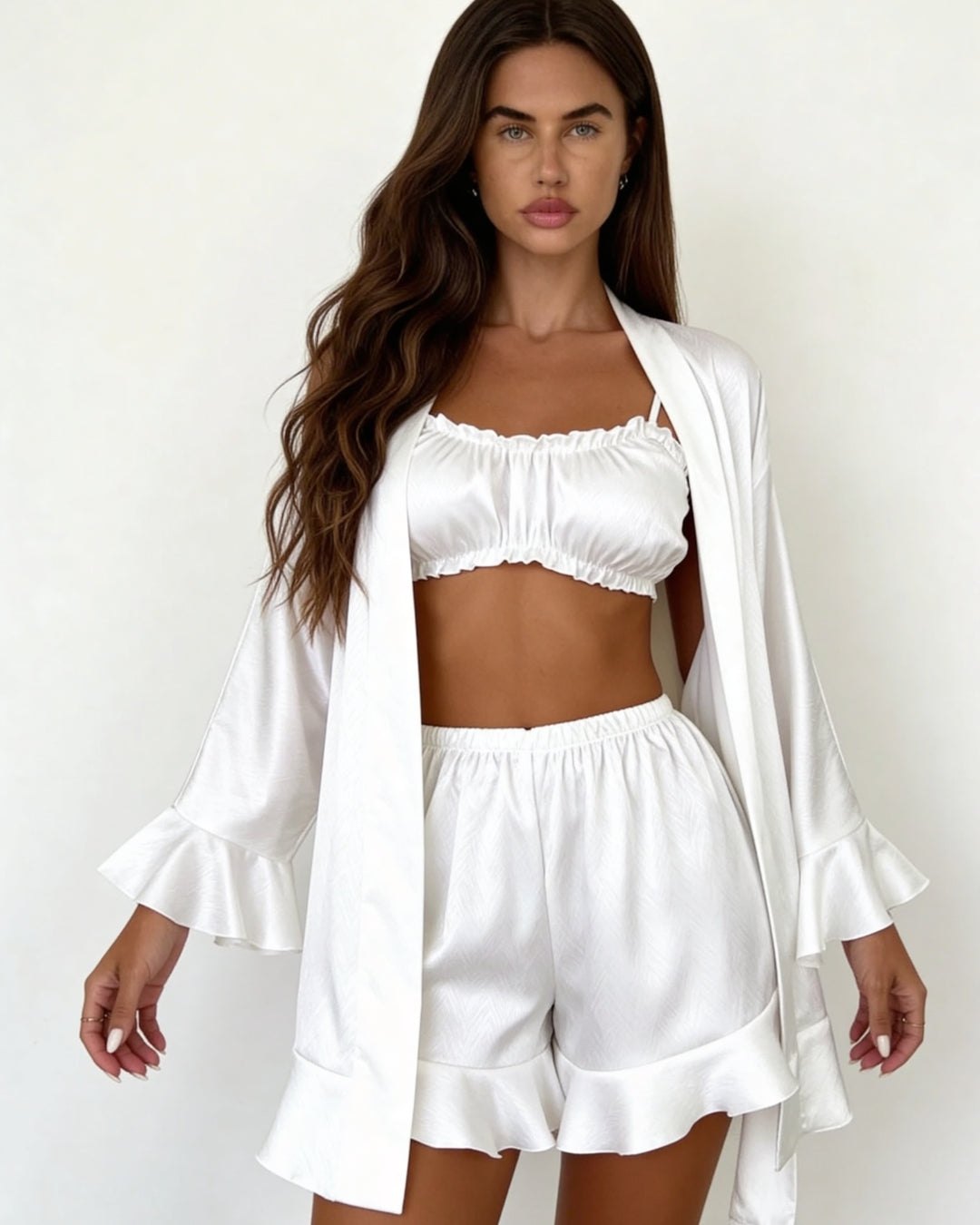 White satin ruffle pajama set with kimono, photo 1