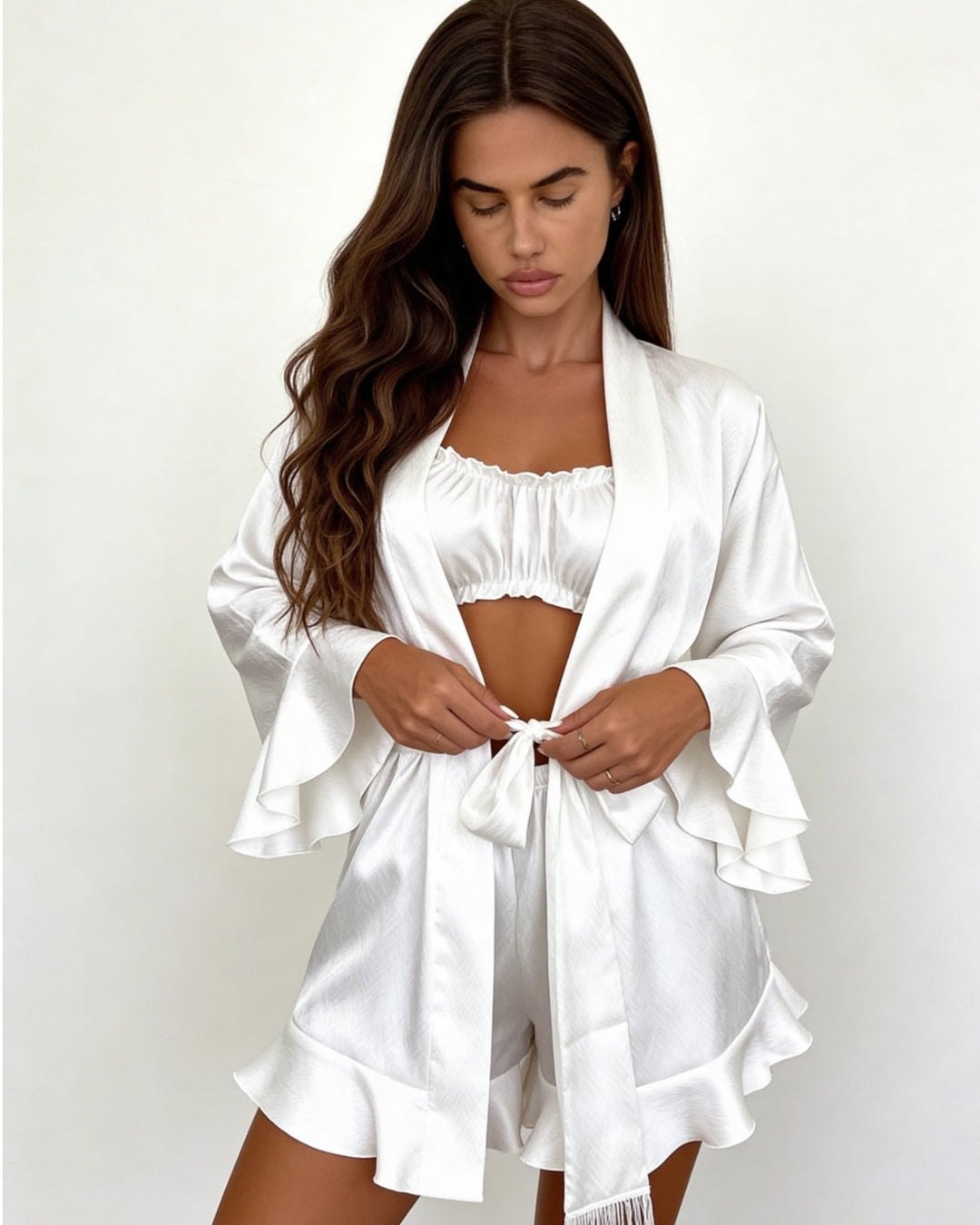 White satin ruffle pajama set with kimono, photo 3
