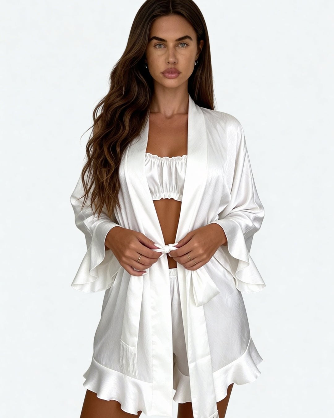 White satin ruffle pajama set with kimono, photo 6