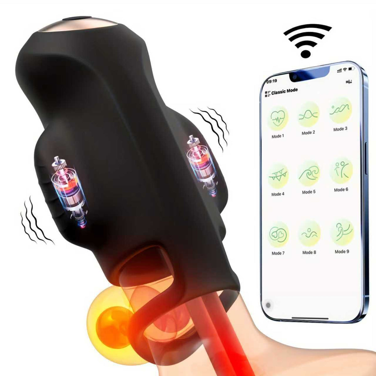 Black app controlled male masturbator trainer with locking ring