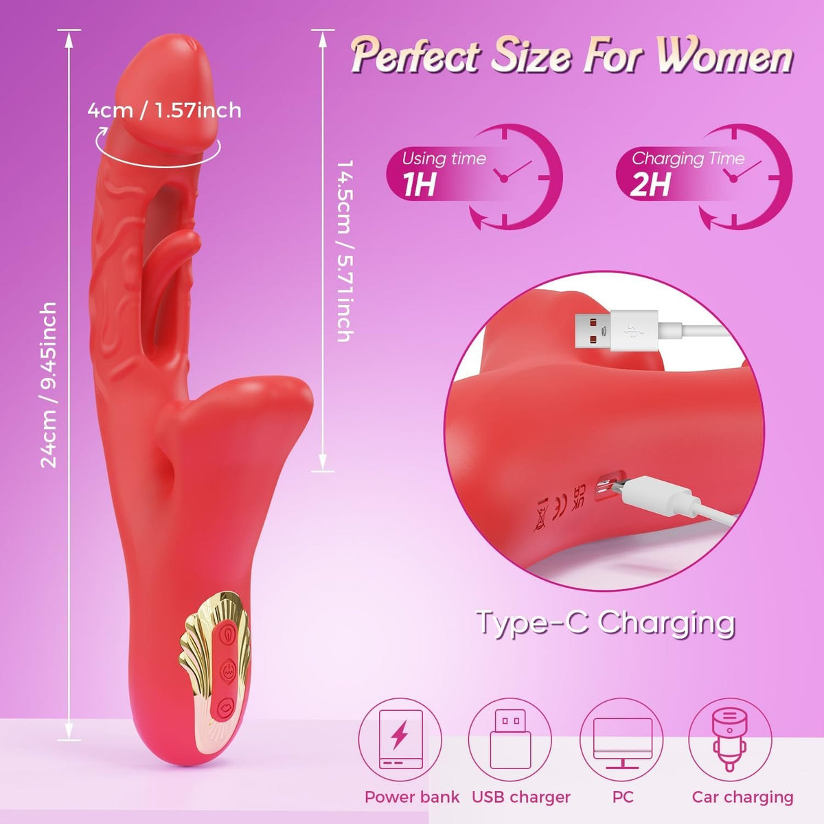 Red silicone rabbit vibrator, photo 7