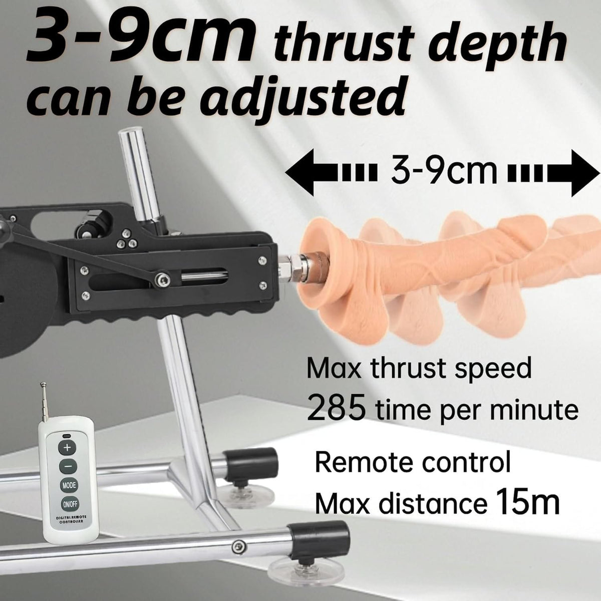 Black sex machine with realistic flesh-tone dildo attachment, photo 2