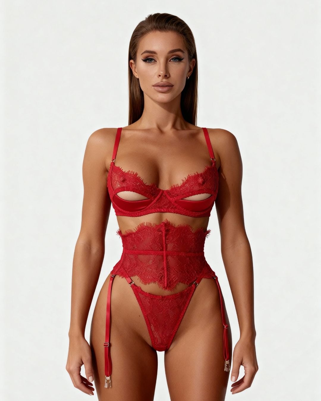 Red lace bra, garter belt and panties set, photo 1