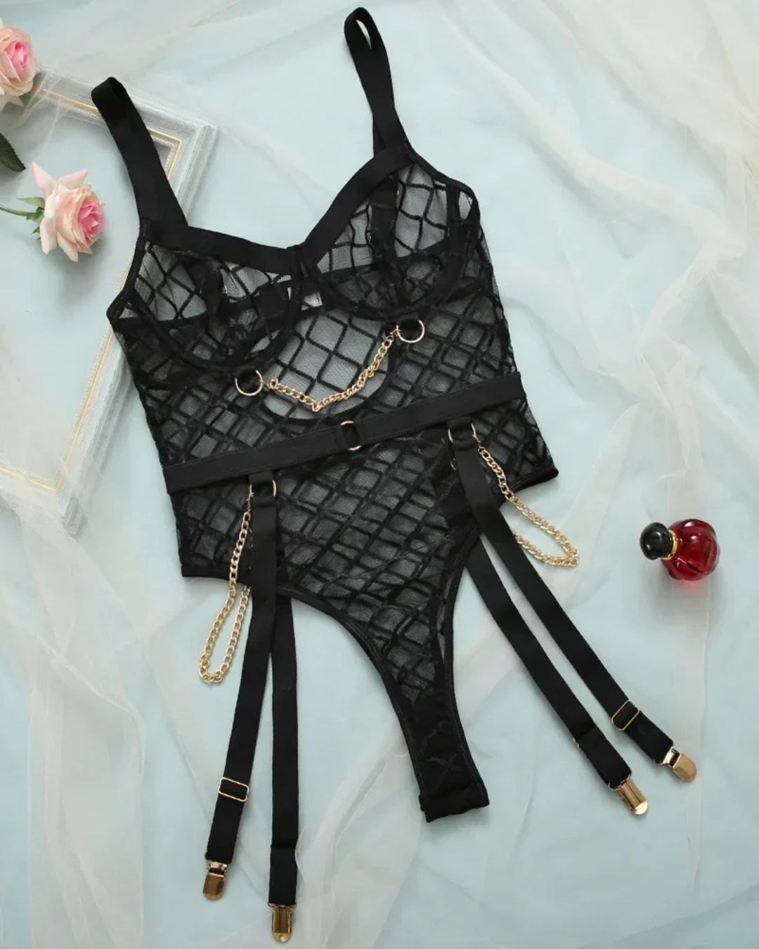 Black fishnet bodysuit with gold chain harness straps, photo 7