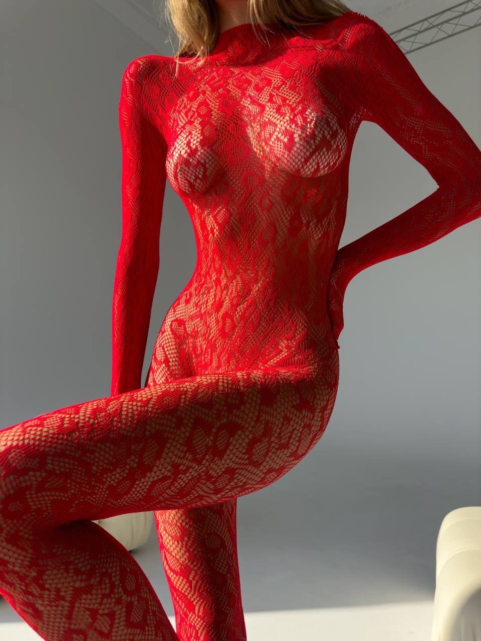 Red backless lace sheer bodystocking