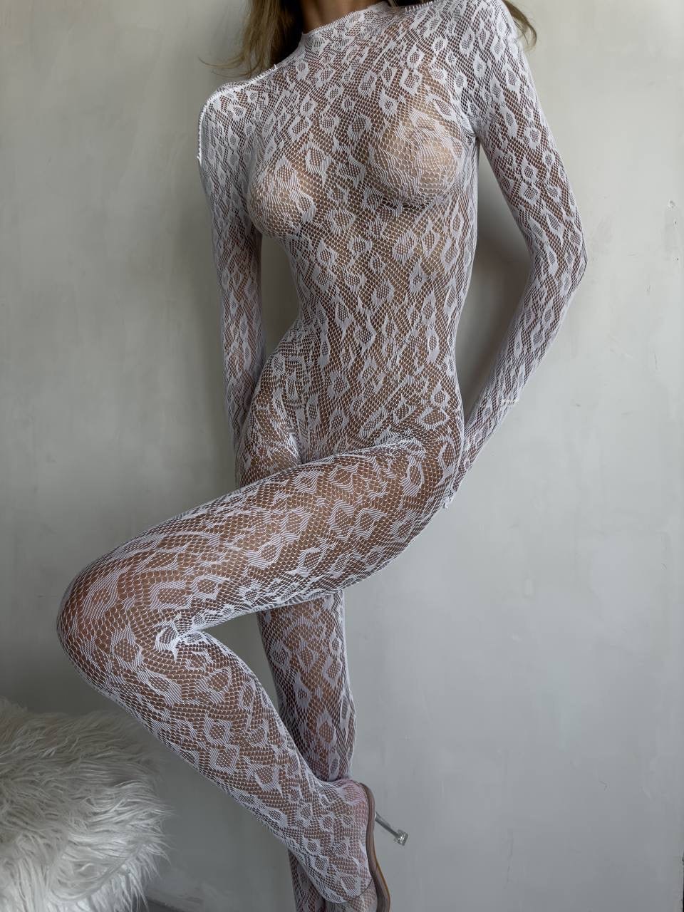 White backless lace sheer bodystocking