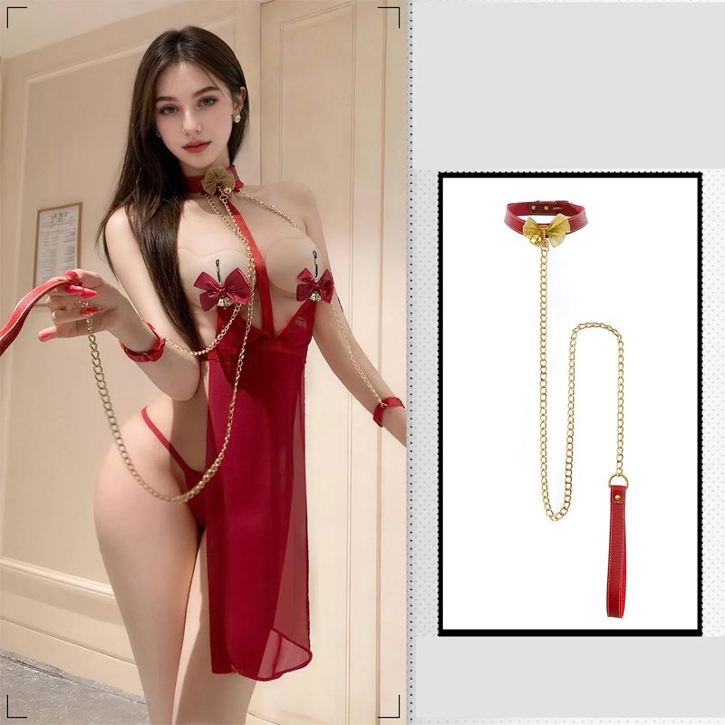 Red with Gold Neck Ring Hand Holding Rope backless open cup cheongsam chemise