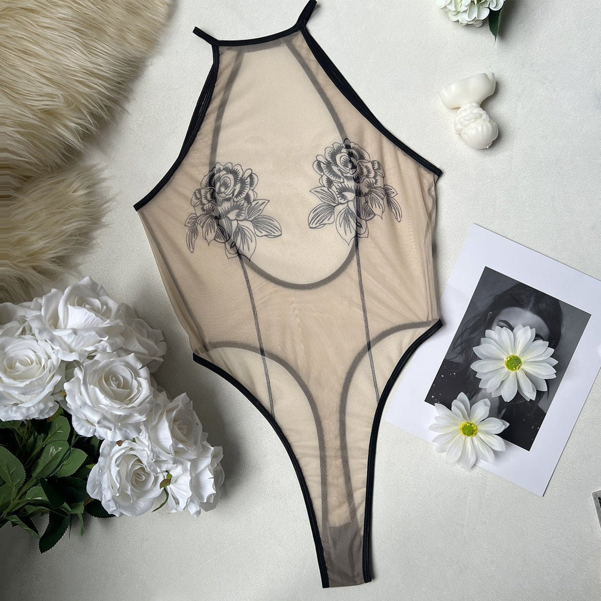 Black backless sheer mesh tight bodysuit