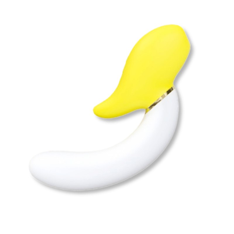 Yellow and white banana shaped dual stim rabbit vibrator, photo 1